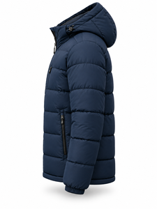 Chaqueta Acolchada con Capucha para Hombre, Color Azul Marino, Cálida, Resistente al Viento, Cierre Frontal con Cremallera, Color Sólido, Relleno de Poliéster, Corte Regular - Product Image 2