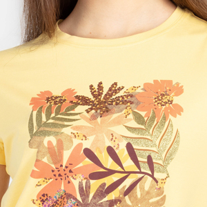 เสื้อยืดแขนสั้นคอกลมพิมพ์ลายดอกไม้สีเหลืองสำหรับผู้หญิง ผ้าฝ้ายเจอร์ซีย์ทรงปกติ เสื้อลำลองสำหรับฤดูใบไม้ผลิและฤดูร้อน - Product Image 5