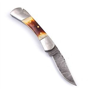 Navajas Plegables Personalizadas con Patrón Damasco, Empuñaduras de Hueso Natural y Bolsters de Metal Pulido para Caza, Camping y Senderismo - Product Image 2