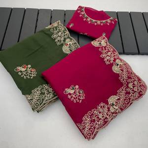 Embroidery Sequence Work Designer Party Wear Contrast Blouse <b>Women</b> Style Star Georgette <b>Saree</b> With Multi Thread Coding - Product Image 6