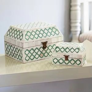 Vintage Style Green Bone Inlay Trellis Design Jewelry Box Set Moroccan Patterned Keepsake <b>Chest</b> with Metal Latch Lock <b>Storage</b> - Product Image 1