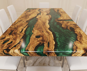 Table de salle à manger rectangulaire moderne en résine avec bord naturel, faite à la main, design grain de bois vert et or, mobilier pour la maison et l'entrée d'hôtel - Product Image 5
