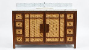 Meuble-lavabo de salle de bain moderne avec portes en rotin incrusté, en bois massif, 48 pouces, sur pied, finition foncée, forme rectangulaire, vasque en pierre, miroir inclus - Product Image 3