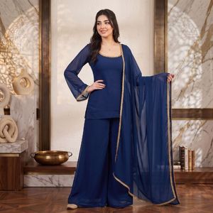 Plain Georgette <b>Top</b> Palazzo Set With Gold Lace Dupatta Full Stitched Wholesale Manufacturer - Product Image 6