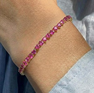 Heart Shape Lab Grown Pink Sapphire Charm <b>Bracelet</b> in Sterling Silver Gold Plated Luxury Jewelry for Women - Product Image 4