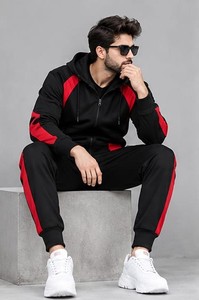 Men's Black Red Solid Hooded Tracksuit <b>Full</b> <b>Zip</b> <b>Sweatshirt</b> Joggers Set Streetwear Winter Wear Regular Fit 100% Cotton Fleece - Product Image 6