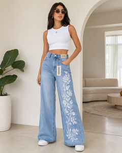 FAWKES Jean en denim taille haute à jambe large avec broderie florale, coupe ample, longueur intégrale, délavé, style printemps, vente en gros - Product Image 6