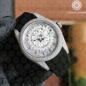 Montre ronde de luxe Charm_Jewells en acier inoxydable avec lunette sertie de diamants, verre saphir, mouvement à quartz analogique, 40 mm, unisexe - Product Image 4