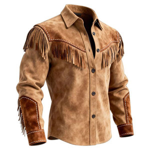 <b>Men's</b> <b>Suede</b> Leather Shirt <b>Jacket</b> With Fringe Western Style Casual Outwear Turn-down Collar Regular Sleeve Solid Color - Product Image 3