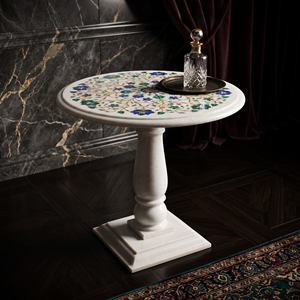 Mesa de Pulpete de Mármol Blanco con Patrón Floral Incrustado, Mesa con Pedestal de Piedra Pulida para Decoración de Comedor - Product Image 2