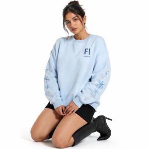 Sweat-shirt à col rond bleu clair pour femme, motif flocon de neige sur les manches, style streetwear décontracté, pull en polaire, vente en gros - Product Image 4