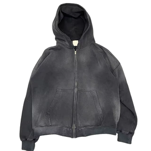 Sweat à capuche zippé pour homme, effet délavé, teinture marbrée, détails effilochés, style vintage grunge, streetwear, vêtement d'extérieur - Product Image 4