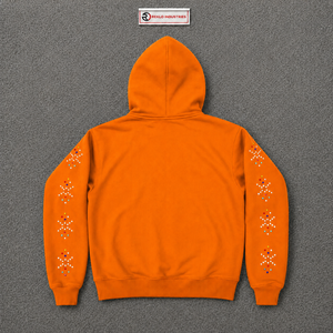 Sudadera con capucha y cremallera completa naranja con pedrería, estilo streetwear de lujo, con adornos, tela texturizada, ajuste brillante - Product Image 6