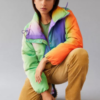 Blouson court matelassé pour femme grande taille, dégradé arc-en-ciel, col montant, style bomber, vêtement d'extérieur d'hiver, vente en gros