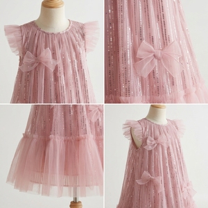 Robe de princesse scintillante rose pour filles, en tulle, pour fête d'anniversaire, robe de demoiselle d'honneur, nœud 3D, sans manches, coupe trapèze, TUTUPETTI, fabriquée au Vietnam - Product Image 4
