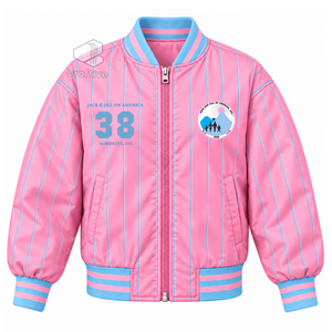 แจ็คแอนด์จิล ออฟ อเมริกา เสื้อแจ็คเก็ตวาร์ซิตี้ผ้าซาตินลายทางสีชมพูฟ้าสำหรับผู้หญิง ปักลายตัวอักษรกรีก ซิปแบบรูดขึ้นลง - Product Image 1