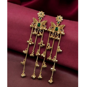 ต่างหูห้อยระย้ารูปผีเสื้อประดับหินสีเขียวชุบทองขายส่ง ต่างหูระฆังกุงรูแบบยาว เครื่องประดับชาติพันธุ์อินเดียสำหรับงานแต่งงาน - Product Image 4