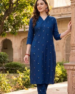 Navy Blue <b>Women</b> Ethnic Viscose <b>Kurta</b> and Pant Set With Small Gold Foil Print Knee Length Regular Fit Casual Office Wear - Product Image 1