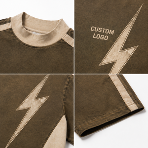 Camiseta Gráfica Oversize de Algodón Pesado para Hombre, con Paneles Bicolor en Contraste, Estilo Vintage Lavado, Cuello Mockneck, Estilo Urbano - Product Image 4