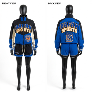 Conjunto Cortavientos para Mujer de Tela Taslan de Poliéster de 120 GSM de Calidad Premium, Diseño de Paneles Azul, Negro y Beige, Logotipo Personalizado Bordado - Product Image 1