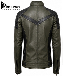 Men Vintage Olive Green & Black Leather Biker Jacket, Slim Fit Textured Moto Racer Jacket with Padded Shoulders, Snap Button - Product Image 2