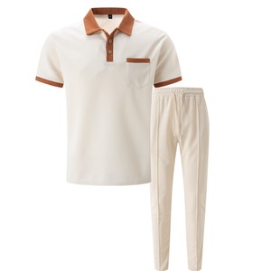 Men's Summer Casual Two Piece <b>Set</b> Solid Color <b>Knitted</b> Cotton Polo Shirt and Pants Breathable Lightweight Comfortable Wear - Product Image 1