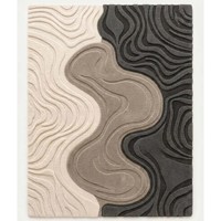Tapis d'appoint luxueux gris beige à motif vague abstrait, tapis en laine moelleuse, tapis moderne tufté à la main, tapis décoratif pour salon et chambre à coucher