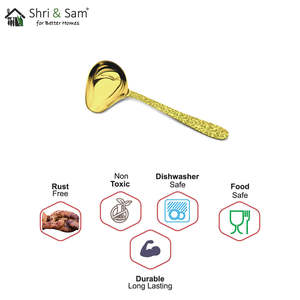 Louche à sauce en acier inoxydable pour desserts, revêtement PVD doré et design jasmin au laser - Product Image 1