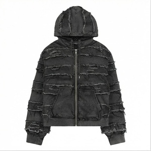 Men's Oversized Hooded Denim Jacket With <b>Fringe</b> Detail Streetwear Style Autumn Wear - Product Image 4