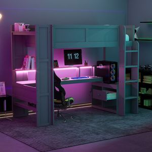 Cama alta de madera gris oscuro tamaño twin para juegos con estación de carga LED y estantes de almacenamiento múltiple. Llegada estimada 2.1 - Product Image 1