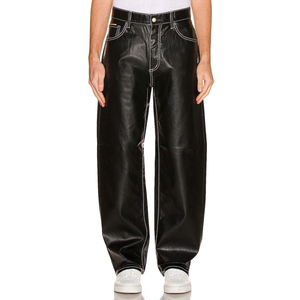 Pantalon large pour homme en similicuir PU noir léger, taille haute, imperméable, avec surpiqûres blanches, style streetwear - Product Image 1