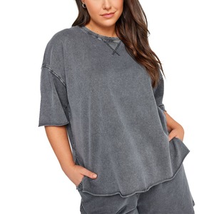 T-shirt décontracté d'été pour femme, coupe ajustée, manches courtes, en polyester/coton, style streetwear délavé à l'acide, respirant et écologique, de haute qualité - Product Image 1
