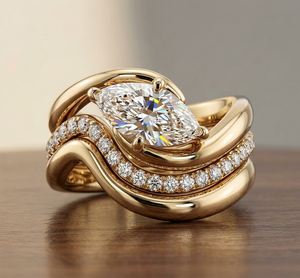 Ensemble de bagues de mariage de luxe plaqué or 18 carats avec diamant de laboratoire taille marquise unique, bande ondulée incurvée, certifié IGI - Product Image 5