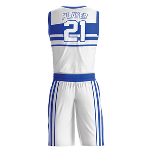 Ensemble d'uniformes de basketball personnalisables à rayures blanches et bleues, en tissu mesh respirant, maillot sans manches et short pour équipes - Product Image 3