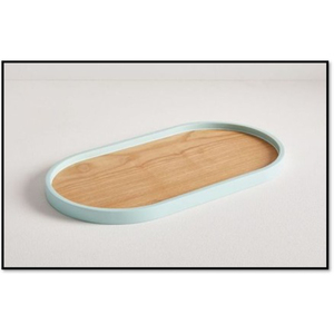 Minimalist Wooden <b>Storage</b> Tray Oval Shape Light Blue Rim Natural Wood Top Indoor <b>Tabletop</b> Kitchen Decor Multi Functional - Product Image 1