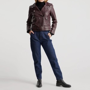Veste en cuir de mouton sur mesure pour femme, coupe ajustée, respirante, hiver, moto, fermeture éclair avant, vêtement d'extérieur pour motard, OEM ODM - Product Image 2