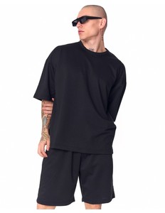 Men's Summer Oversized 100% Cotton Satin Shorts <b>Set</b> Black - Product Image 6