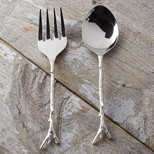 Ensemble de service à salade en acier inoxydable poli argenté de qualité supérieure, avec manche blanc moderne, élégant ensemble de cuillères et fourchettes en métal - Product Image 5