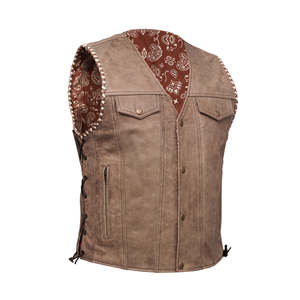 Men's Vintage Distressed Suede <b>Leather</b> Motorcycle Vest with Paisley Inner Lining and Side Lace Biker Design - Product Image 1
