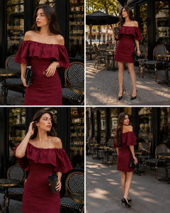 Vestido Mini Sin Mangas con Hombros Descubiertos en Lino y Algodón Color Borgoña |   Conjunto de Ropa Informal de Diseño Moderno y Sencillo para Mujer, para Fiestas en Todas las Estaciones - Product Image 4