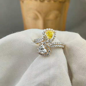 Heart Cut Yellow & White Diamond Toi Et Moi <b>Ring</b> in Yellow Gold <b>Split</b> Shank Bridal Wedding Engagement Anniversary Gift for Her - Product Image 1