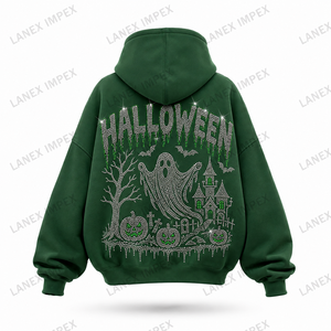 เสื้อฮู้ดซิปสีเขียวสำหรับผู้ชาย ทรงโอเวอร์ไซส์ พิมพ์ลายฮาโลวีนประดับเพชร  ผ้าหนา  ขายส่งจากโรงงาน รับผลิตแบบ OEM - Product Image 3