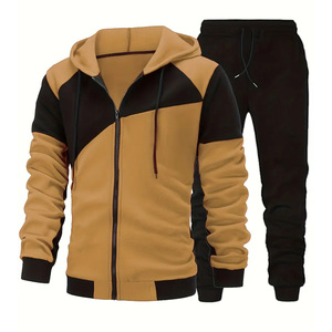 Ensemble sweat à capuche zippé et pantalon de jogging décontracté pour homme, color block, en polyester et coton French Terry, idéal pour l'automne - Product Image 1