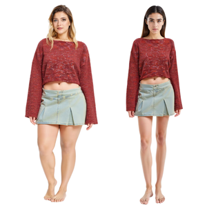 Women's Red Knitted Crop Sweater Full Sleeve O-Neck Casual Pullover Solid Color Autumn Wear Anti-Pilling 100% Acrylic - Product Image 1