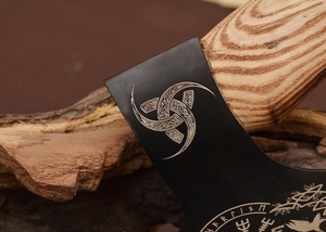 A&M Enterprises Handmade Ulu Style Pizza Cutter <b>Axe</b> with Black Finish Vegvisir and Deer Antler Etched Blade Curved Zebra <b>Wood</b> - Product Image 3