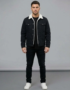 Veste en jean pour homme, noire, 100% coton, avec col en sherpa, fermeture à boutons, coupe classique, style vintage, automne/printemps/hiver, décontractée - Product Image 1