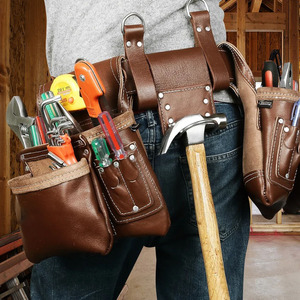Durable Multipacket Power <b>Tools</b> Bag <b>Leather</b> <b>Tool</b> Belt With Multiple Pockets Hammer Holder For Electrician Plumber Work - Product Image 1