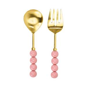 Utensilios Decorativos para Servir Ensaladas en la Cocina, Juego de 2 Piezas de Servidores de Ensalada Dorados, Cuchara y Tenedor con Mango de Resina Rosa con Cuentas - Product Image 1