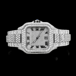 Reloj de Hombre al por Mayor con Bisel de Moissanita Redonda de Diseñador, Caja Cuadrada, Esfera con Números Romanos, Estilo Hip Hop Iced Out - Product Image 4