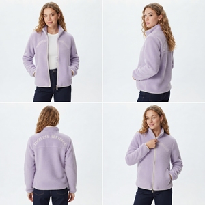 Chaqueta polar con cremallera para mujer, 100% forro polar, estilo urbano, estampada, chaqueta polar Sharpa, cuello alto, top polar grueso - Product Image 5
